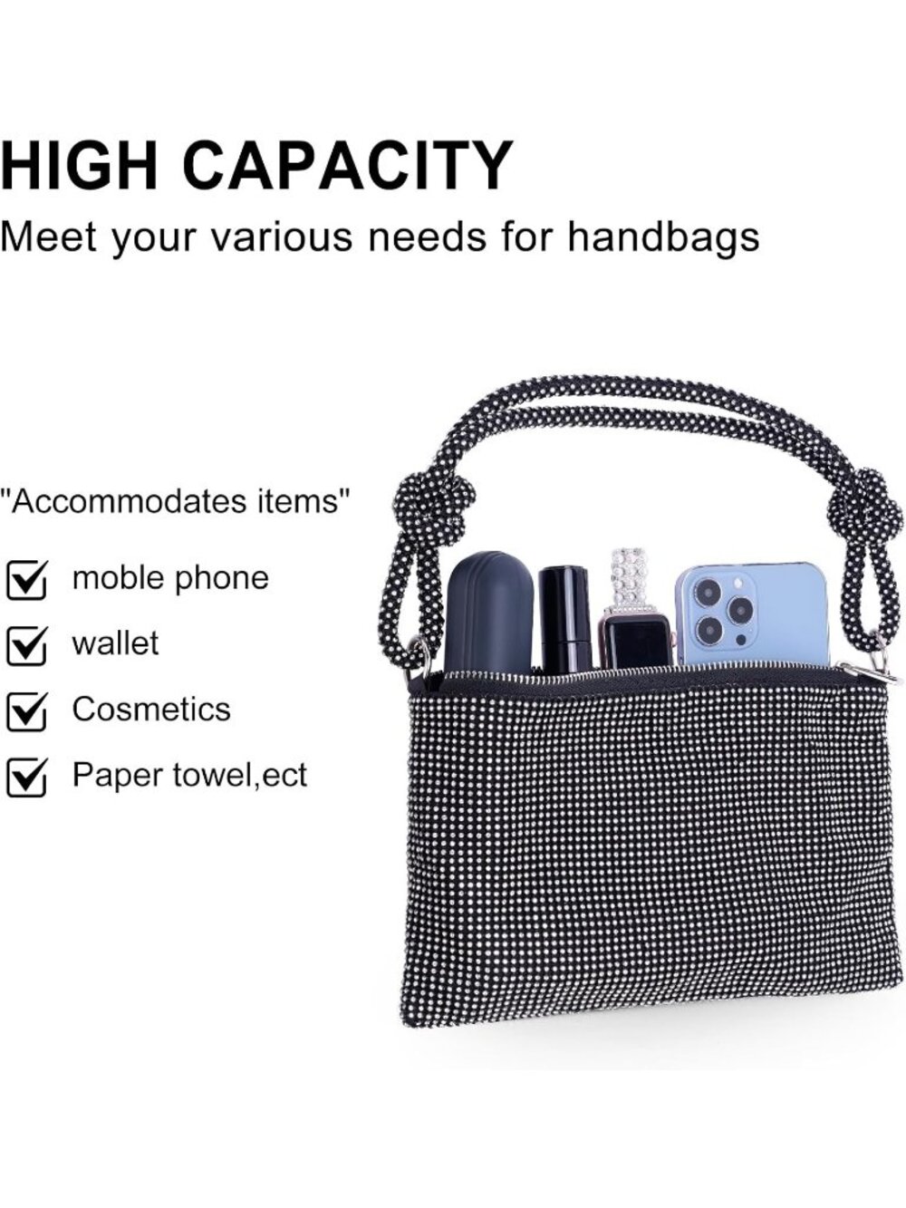 Women's Black Rhinestone Clutch Purse Wedding Prom Party Imported Evening Bag - Picture 6 of 6